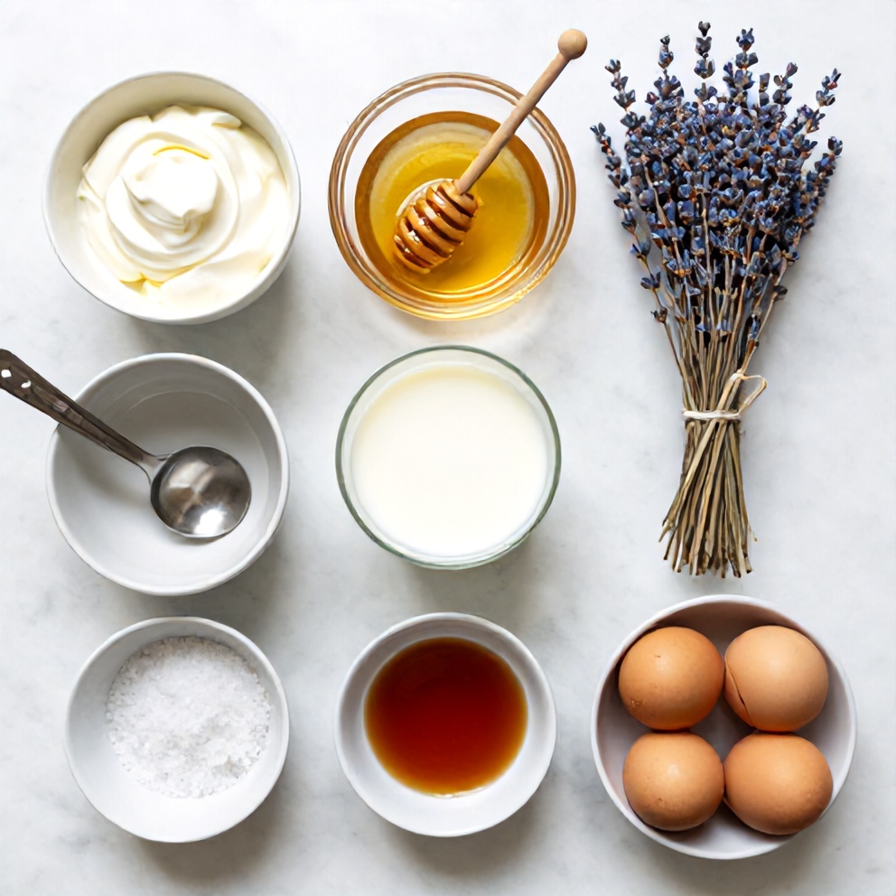Raw ingredients for honey lavender ice cream on a marble surface