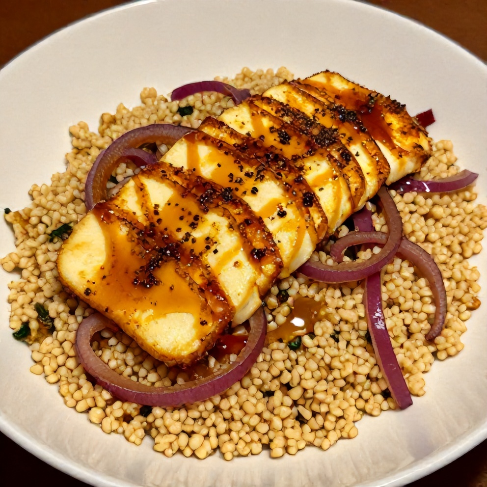 Plated serving of Hot Honey Halloumi Couscous Salad with Sumac Onions