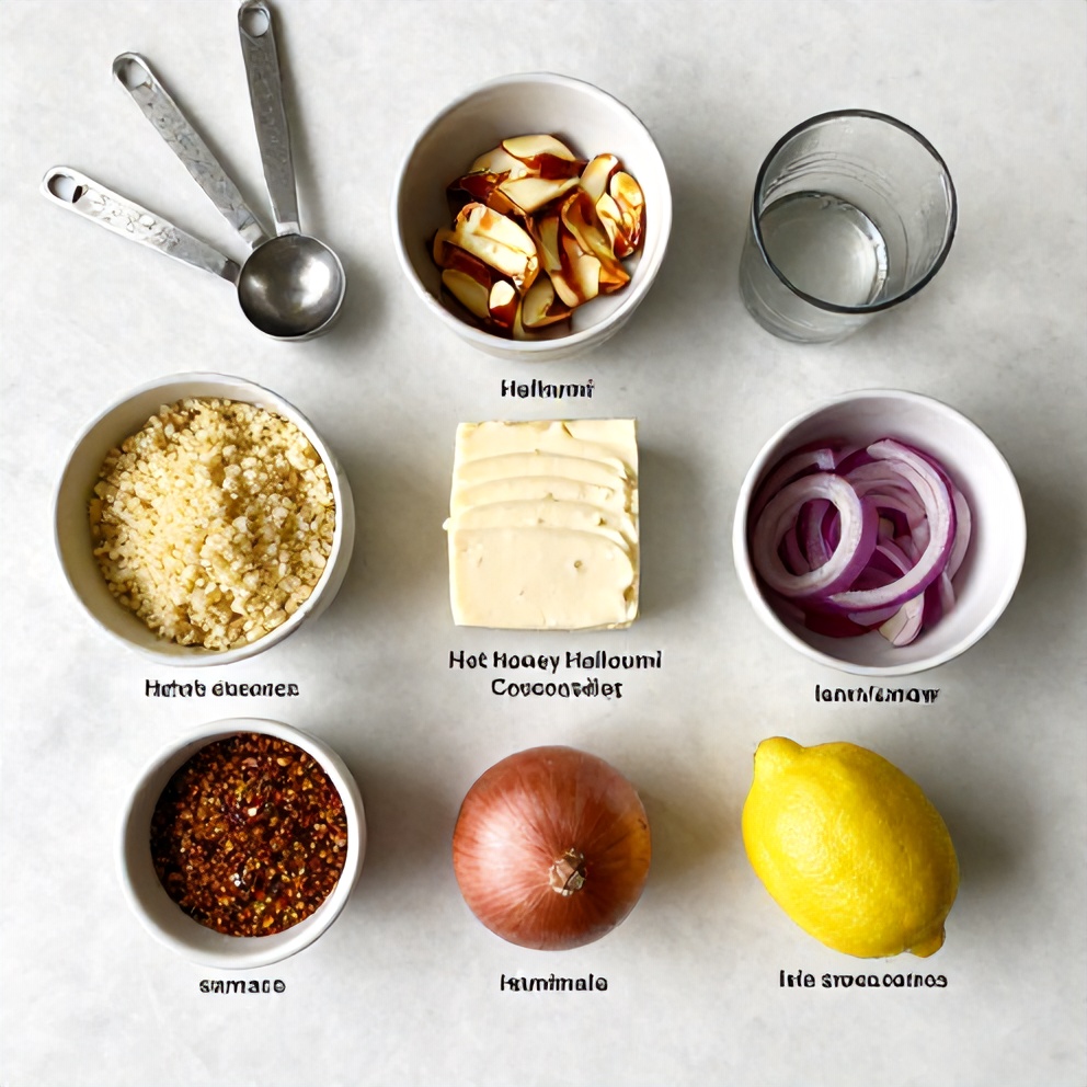 Raw ingredients for Hot Honey Halloumi Couscous Salad with Sumac Onions