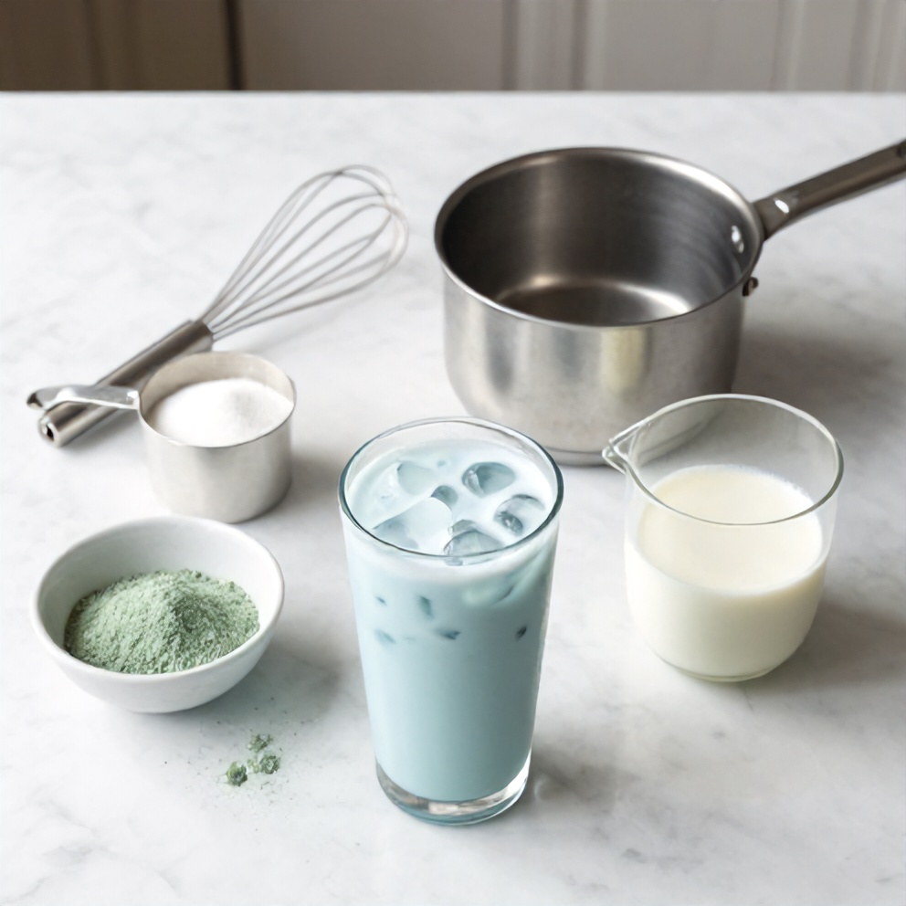 Ingredients for Iced Blue Tea Latte with Vanilla Cold Foam