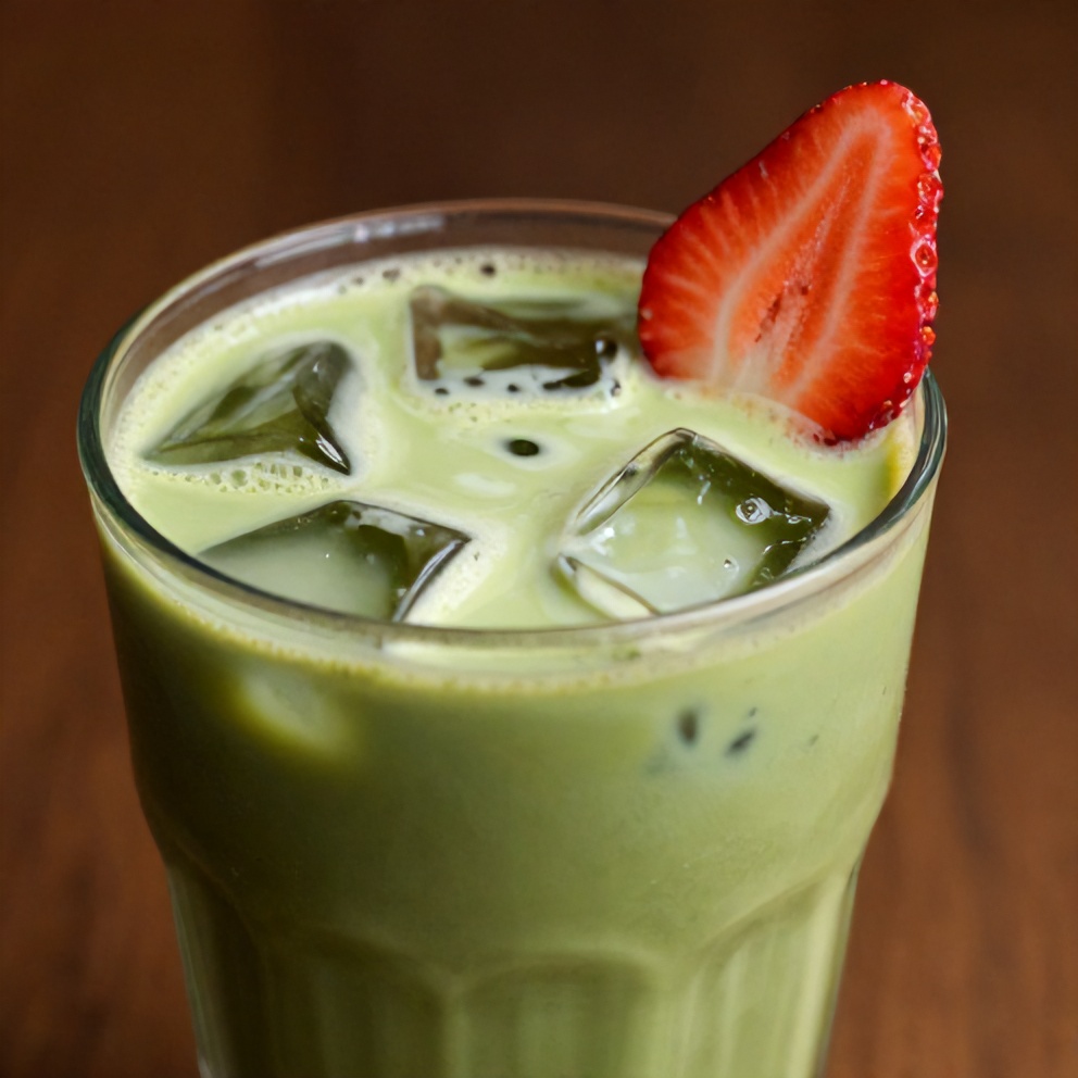 Iced matcha strawberry latte with a strawberry garnish in a glass