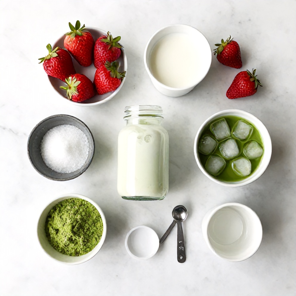 Matcha powder, fresh strawberries, milk, sugar, and ice arranged on a wooden surface
