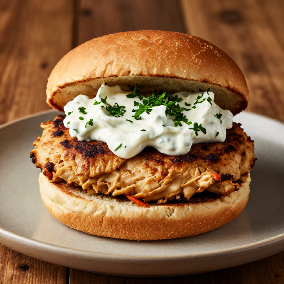 Greek chicken burger on a brioche bun with tzatziki sauce drizzled on top