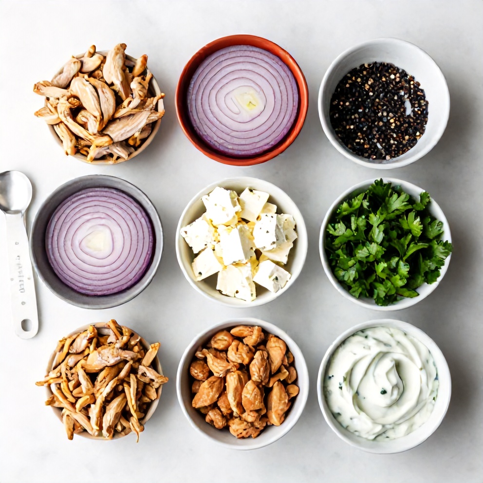 Raw ingredients for Greek chicken burgers laid out on a white marble countertop