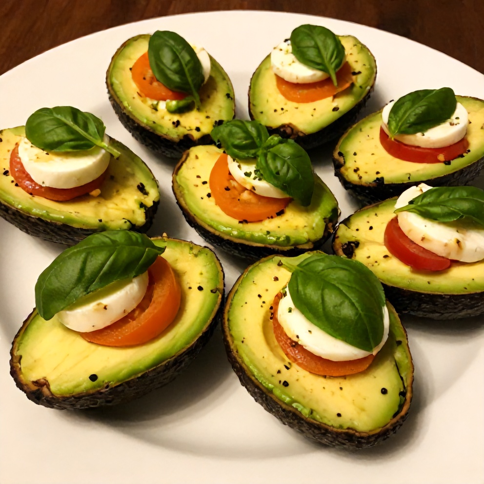 Plated serving of Keto Caprese Stuffed Avocado Bites on a white plate