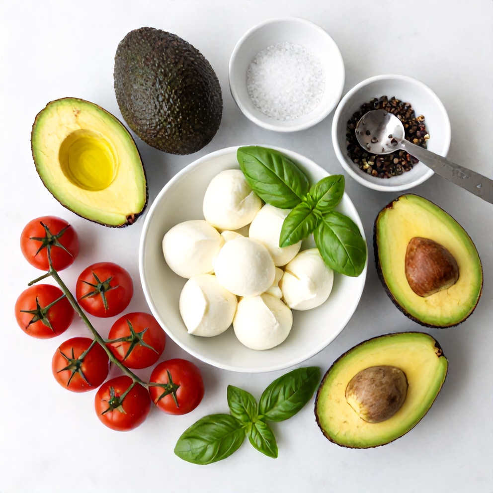 Raw ingredients for Keto Caprese Stuffed Avocado Bites on a white marble surface