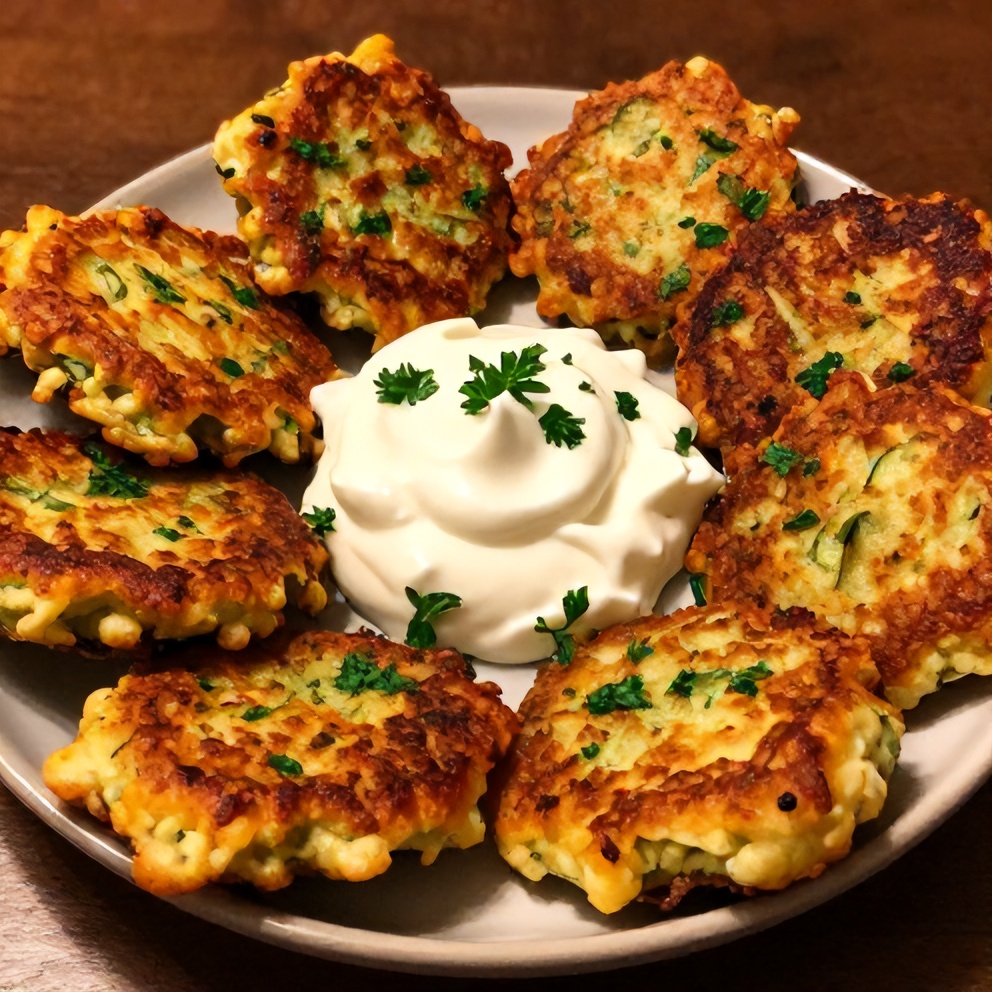 Crispy Keto Zucchini Parmesan Fritters with Sour Cream Dip