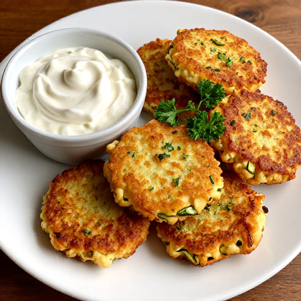 Plated Keto Zucchini Parmesan Fritters with Sour Cream Dip