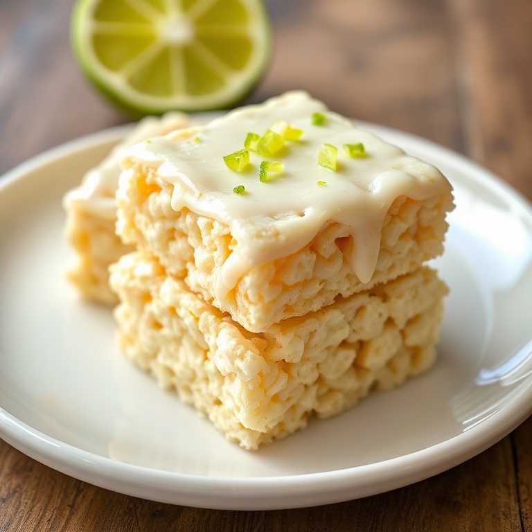 Perfectly plated key lime rice krispie treats with lime zest on top. A white ceramic plate with a crispy texture and tangy glaze. Warm side lighting shows details.