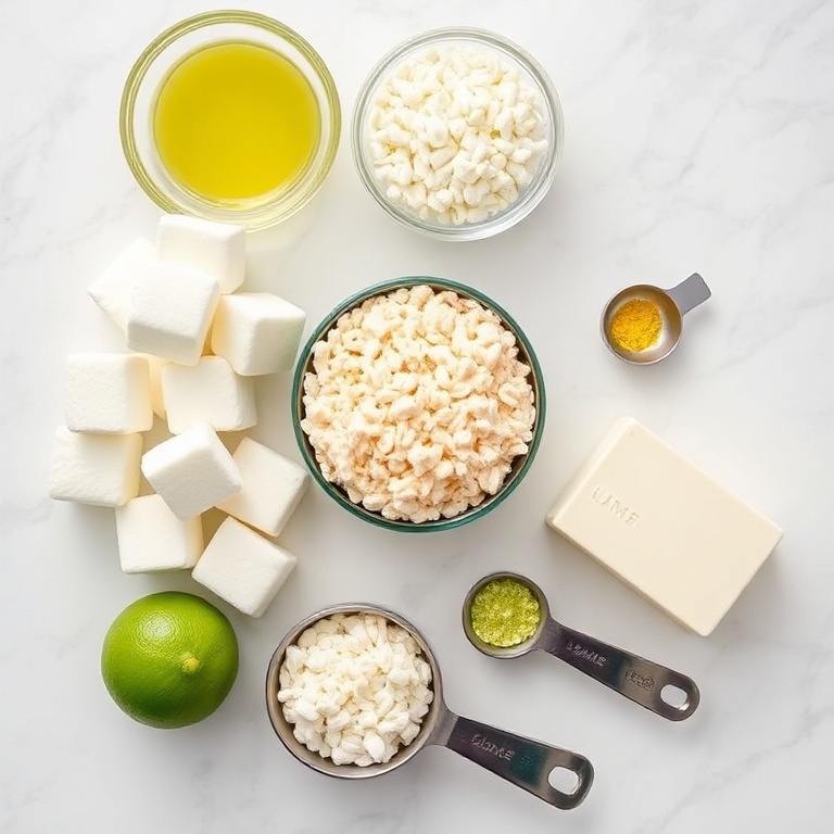Raw ingredients for key lime rice krispie treats: marshmallows, rice krispies, key lime juice, lime zest, and butter. Measuring spoons and bowls on a white marble surface.