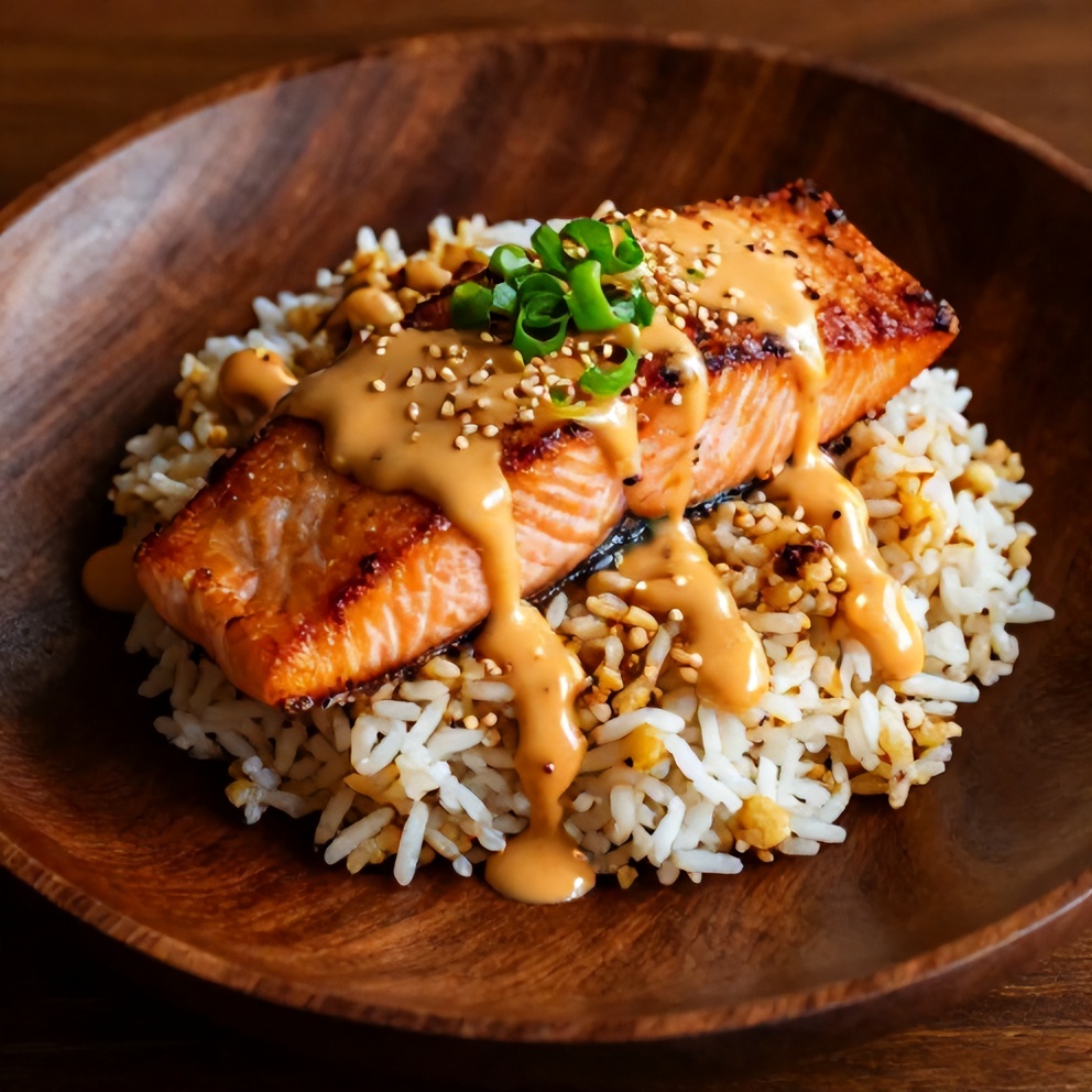 Gochujang Butter Salmon Rice Bowl Plated