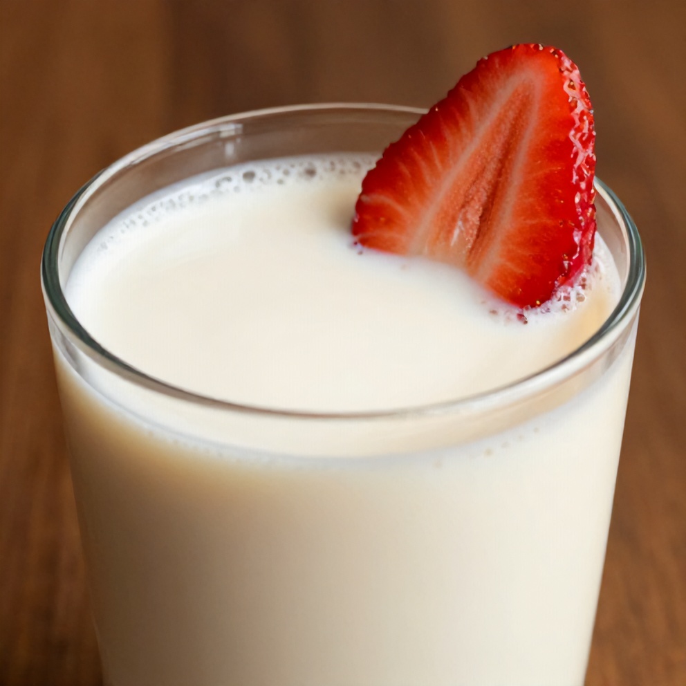 Glass of Korean strawberry milk with a strawberry slice