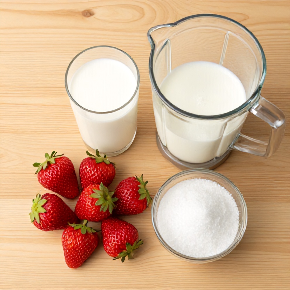 Strawberries, milk, sugar, and blender on a wooden surface