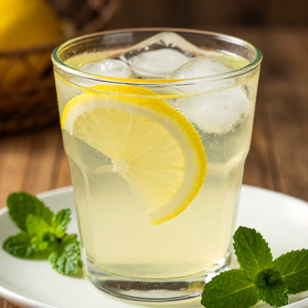 Glass of lemon ginger water with ice and lemon slice