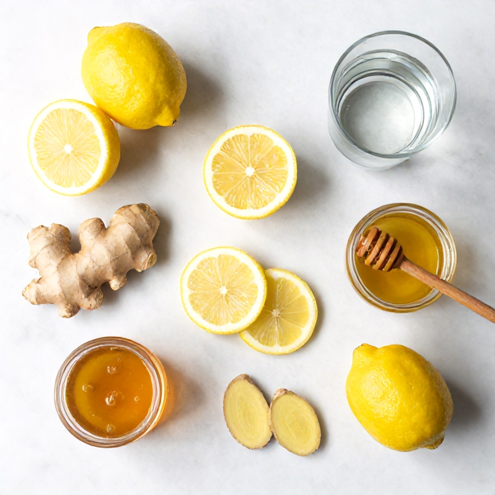 Lemons, ginger, water, and honey on a wooden surface