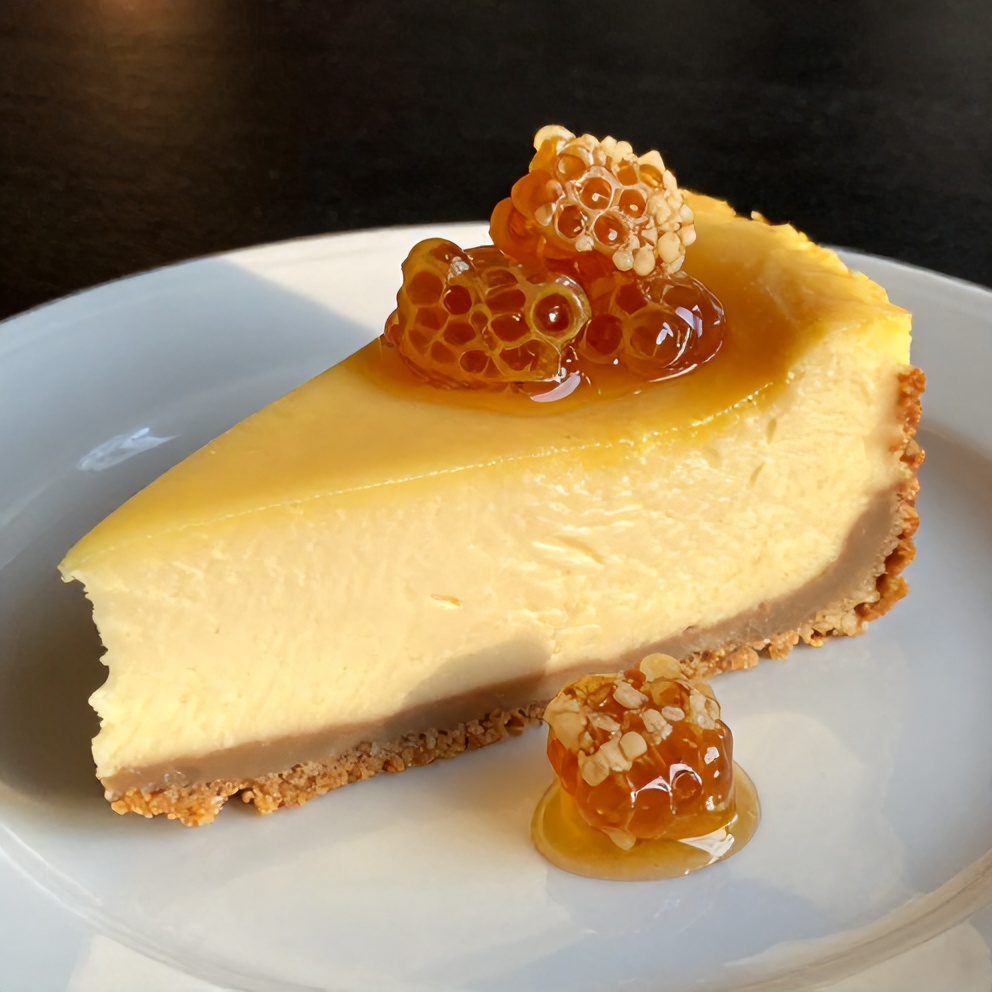 Sliced Lemon Lavender Cheesecake with Honeycomb Topping
