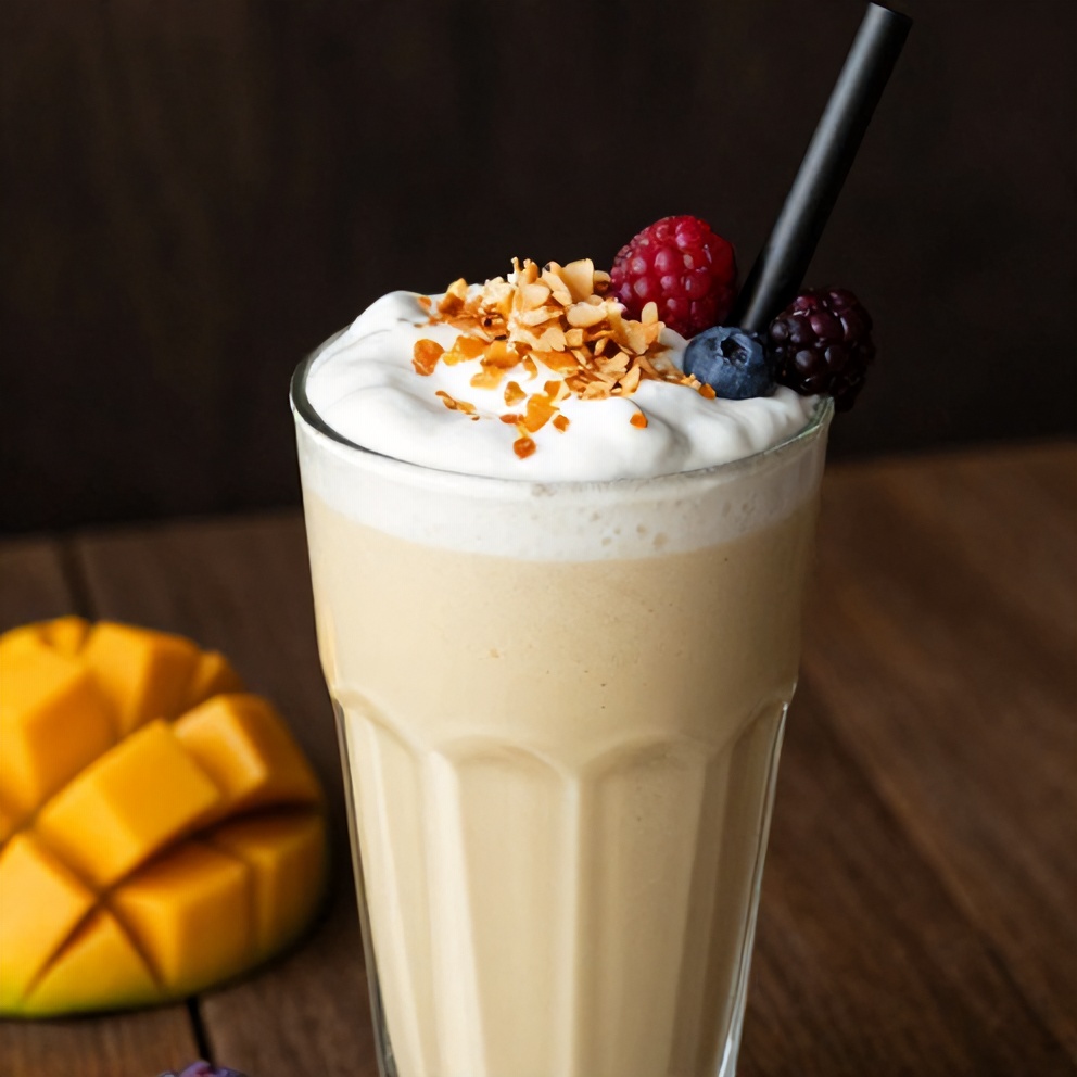 Mango Coconut Protein Shake poured in a glass with a straw