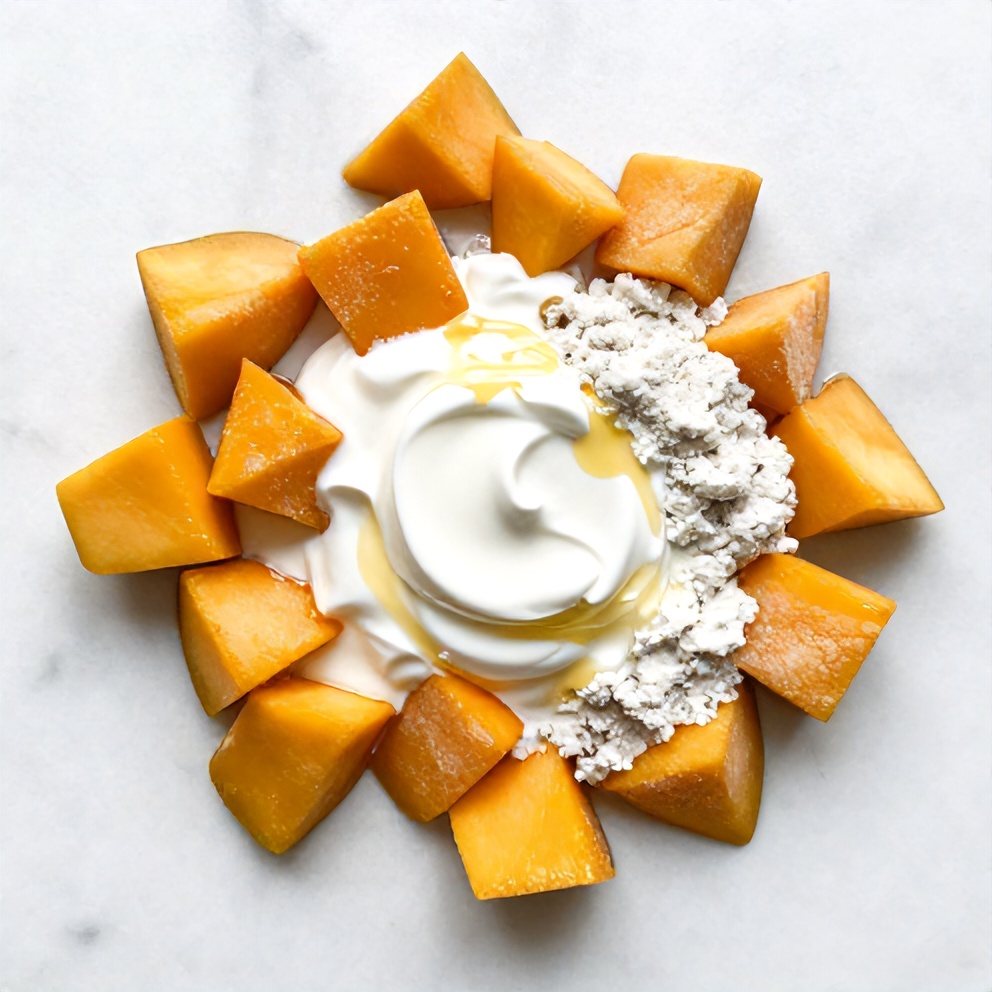 Mango, coconut milk, protein powder, and other ingredients laid out