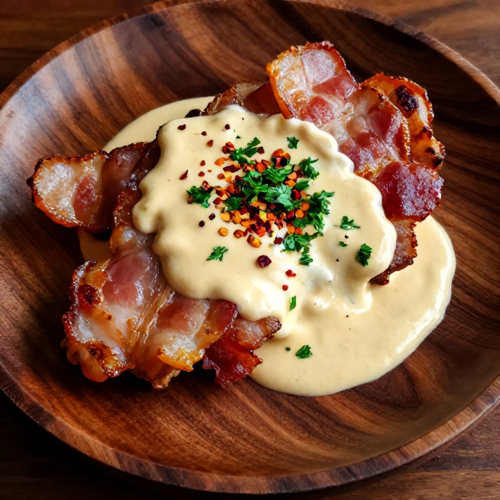Plated maple bacon pork chops with creamy Dijon mustard sauce