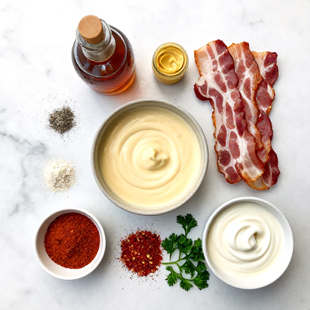 Raw ingredients for maple bacon pork chops with creamy Dijon mustard sauce