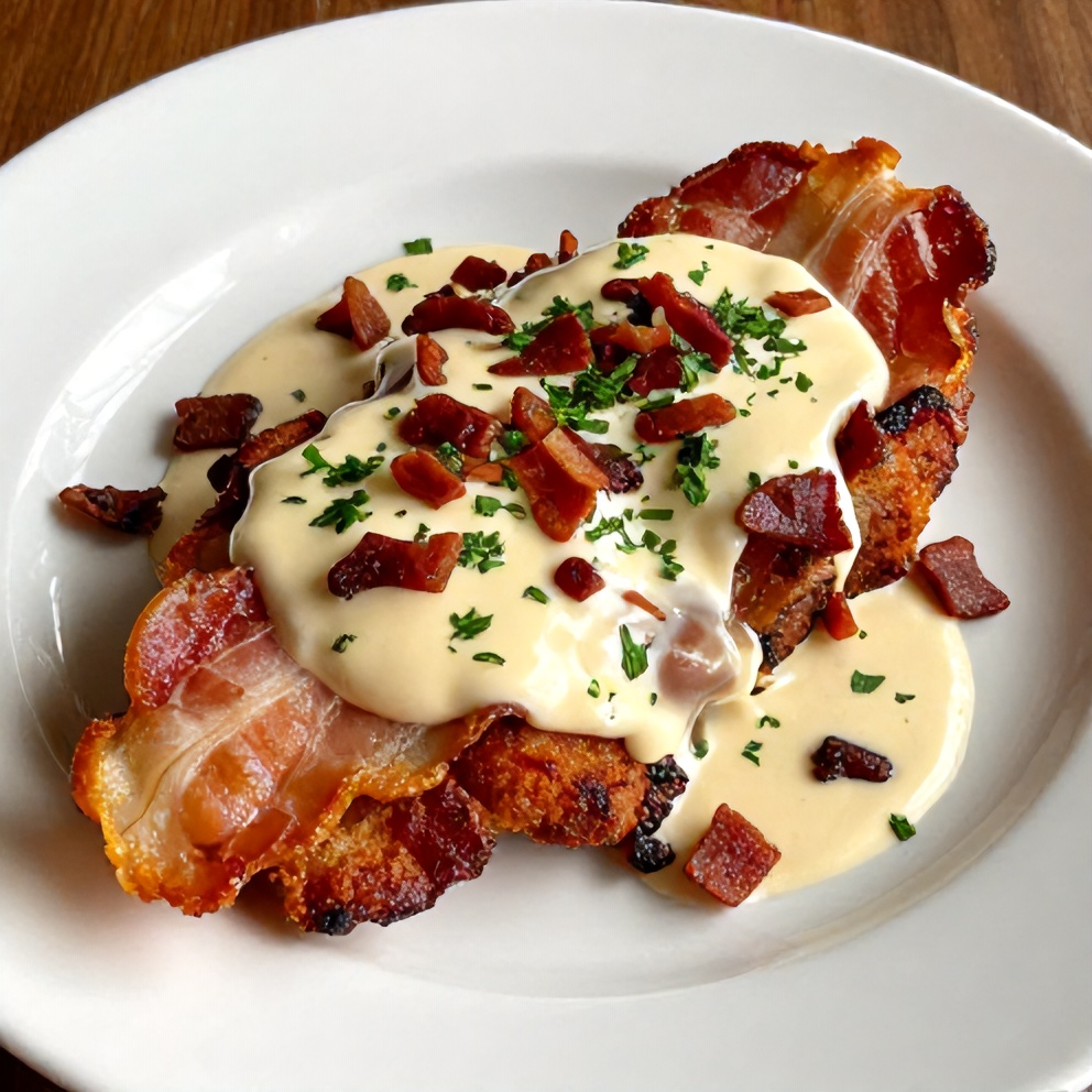 Plated maple bacon pork chops with creamy Dijon sauce