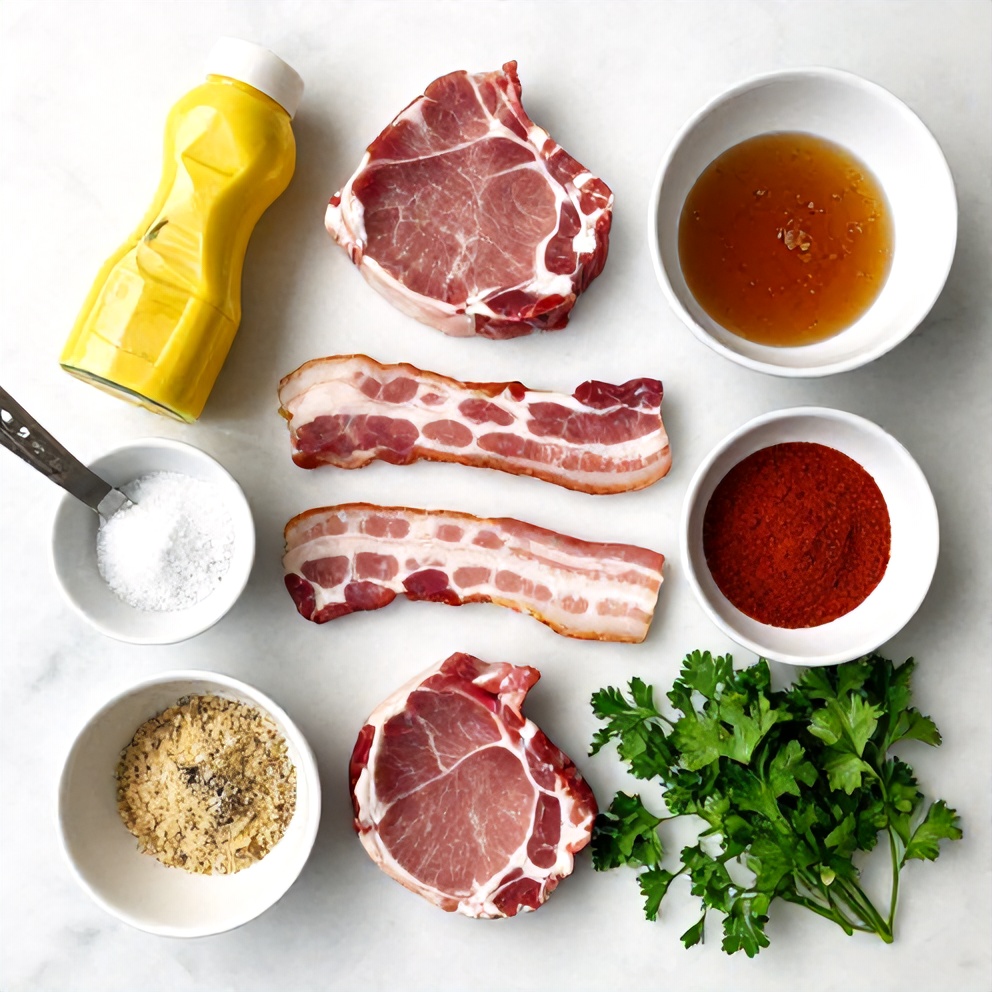 Raw ingredients for maple bacon pork chops