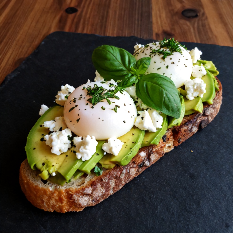 Plated Mediterranean Avocado Toast with Poached Egg and Feta