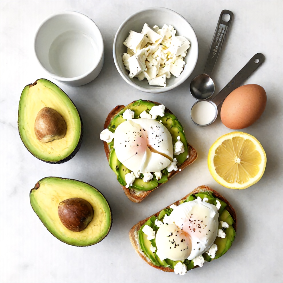 Raw ingredients for Mediterranean Avocado Toast with Poached Egg and Feta