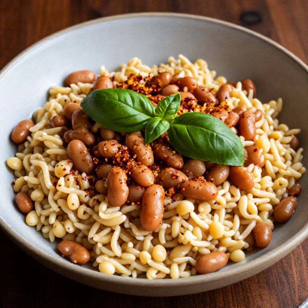 Plated Mediterranean orzo and beans dinner
