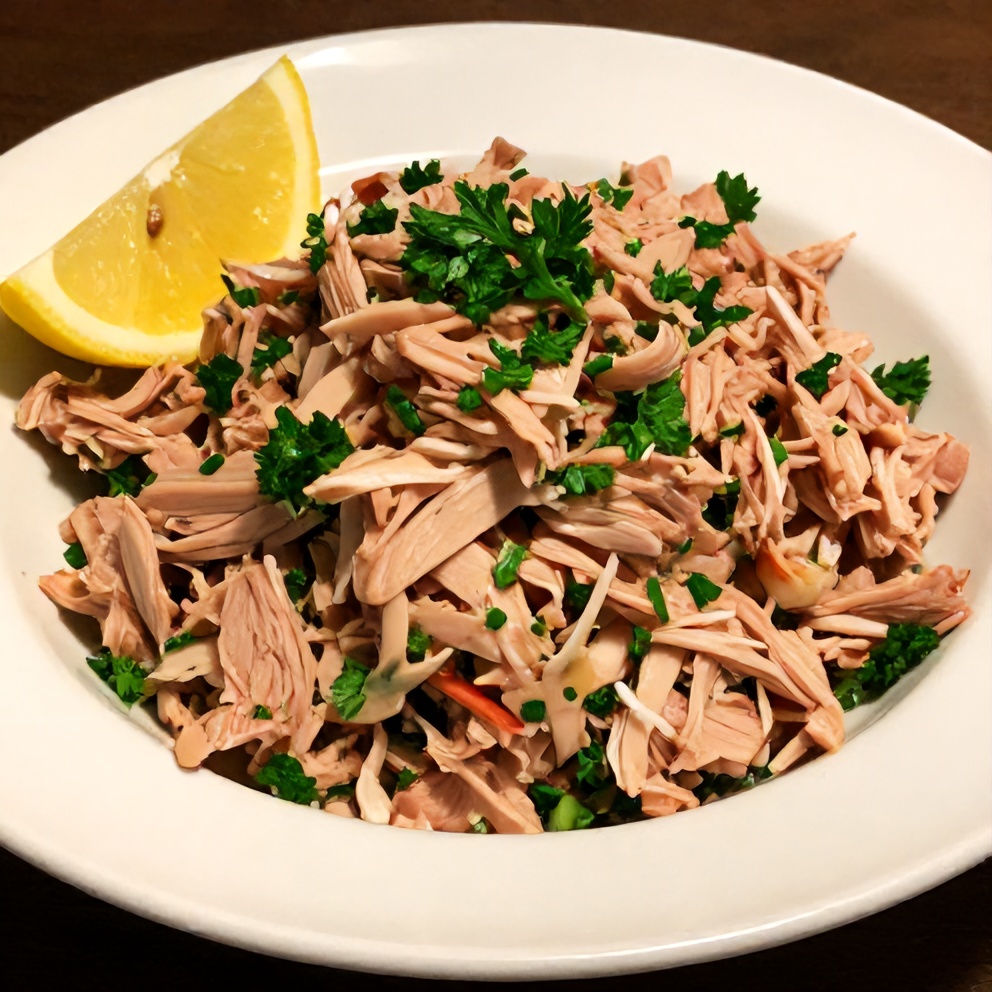 Plated Mediterranean Tuna Salad with lemon wedge