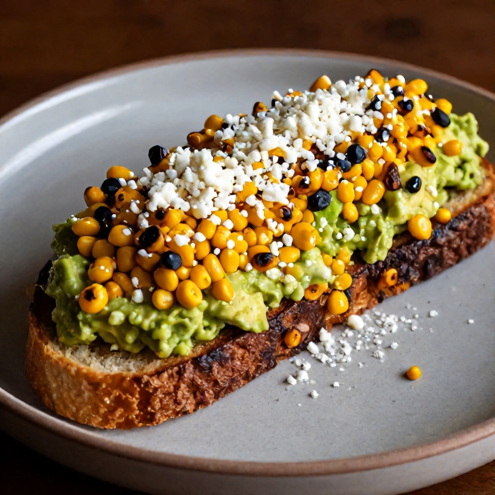 Mexican Street Corn Avocado Toast plated on a rustic plate