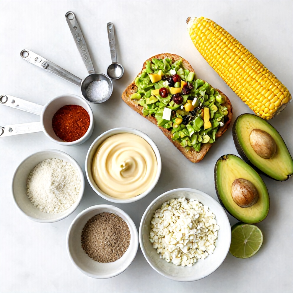 Raw ingredients for Mexican Street Corn Avocado Toast on a marble surface