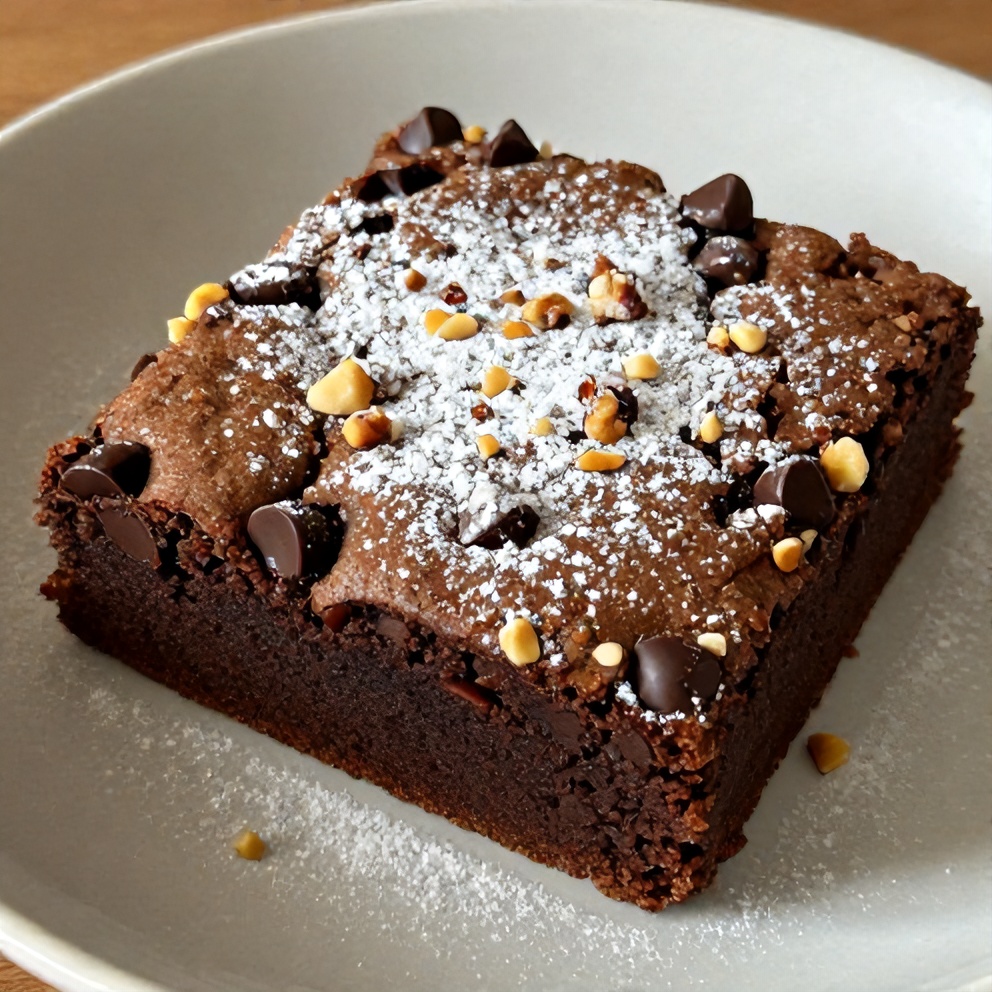 Plated moist banana bread brownies with chocolate chips