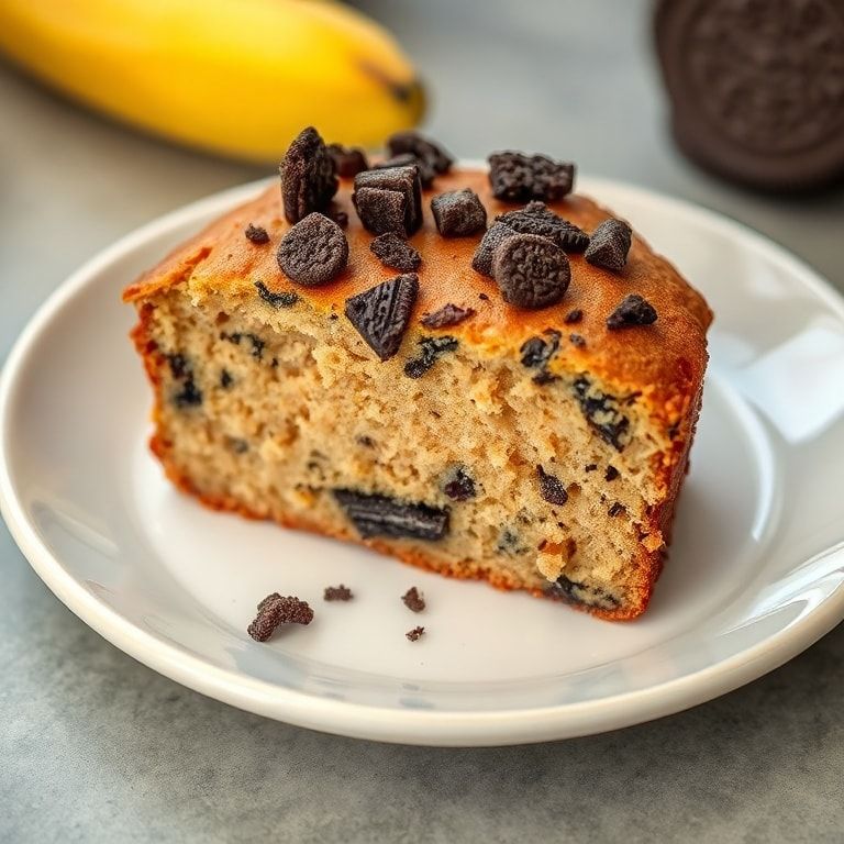 Close up of plated slice of moist Oreo banana bread garnished with chopped Oreo cookie pieces on a white ceramic plate