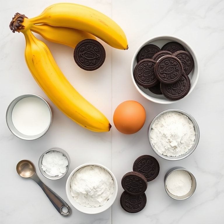 Overhead view of raw ingredients for Oreo banana bread with ripe bananas, Oreos, flour, eggs, sugar, and baking soda on a white marble surface