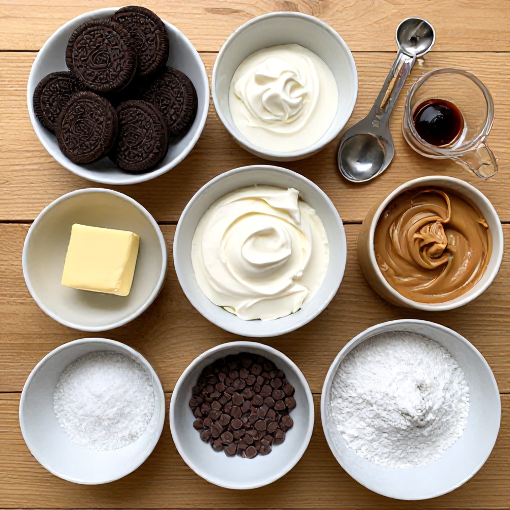 Ingredients for No-Bake Chocolate Peanut Butter Pie laid out on a wooden surface