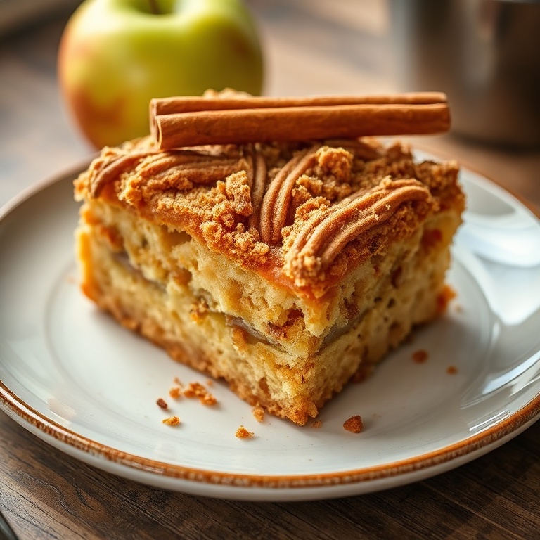 Perfectly plated Old Irish Apple Cake with a cinnamon streusel topping. Garnished with a cinnamon stick. Close crop highlights the golden crust.