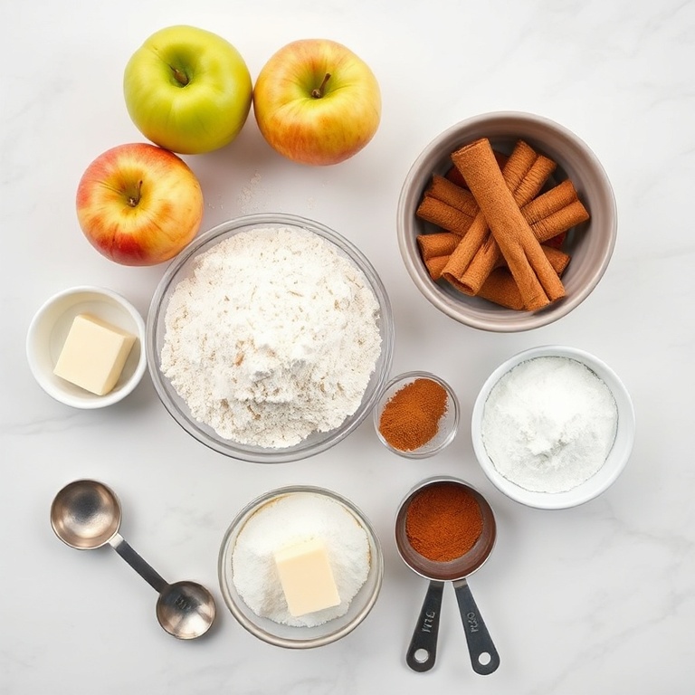 Raw ingredients for Old Irish Apple Cake. Apples, flour, cinnamon, sugar, and butter arranged in a flat lay. Measuring spoons and bowls nearby.