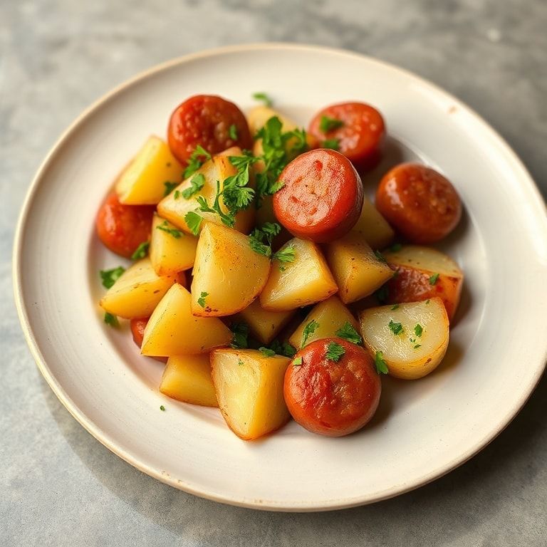 Perfect plated one-pan sausage and potatoes garnished with fresh parsley on a light ceramic plate with warm side lighting