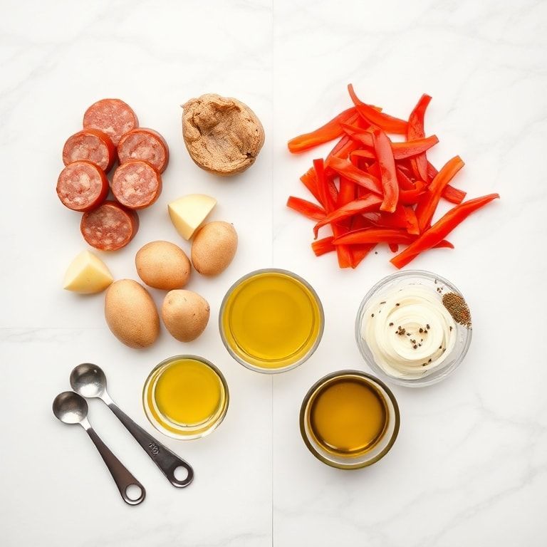 Overhead flat lay of raw sausage, baby potatoes, bell peppers, onions, olive oil, and seasonings arranged with measuring spoons on white marble surface