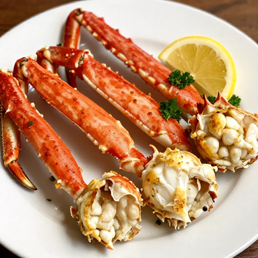Plated oven baked snow crab legs with lemon wedges and melted garlic butter