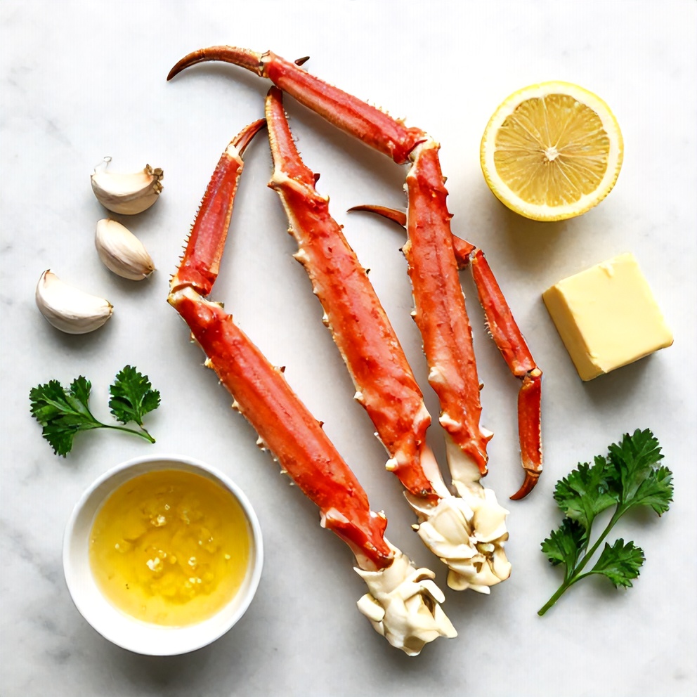 Raw snow crab legs, garlic, butter, lemon, and parsley arranged on a marble surface