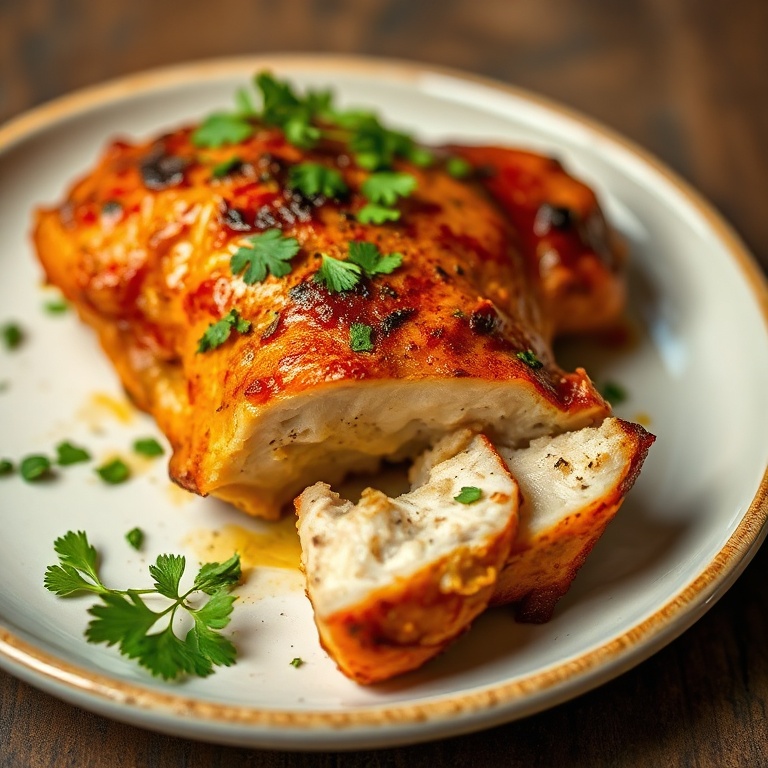 Perfectly plated oven baked tandoori chicken with a sprinkle of cilantro. Close crop showing the golden crust and juicy interior. Warm lighting highlights texture.