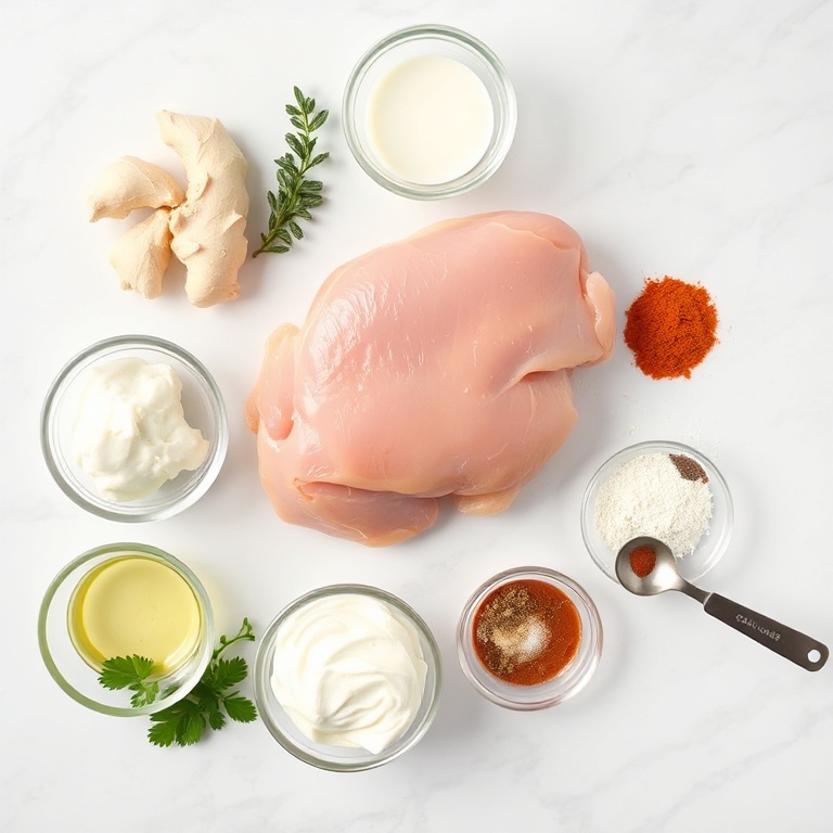Raw chicken, yogurt, garlic, ginger, and spices arranged as an overhead flat lay. Prep bowls and measuring spoons visible. White marble surface. Bright even natural light.