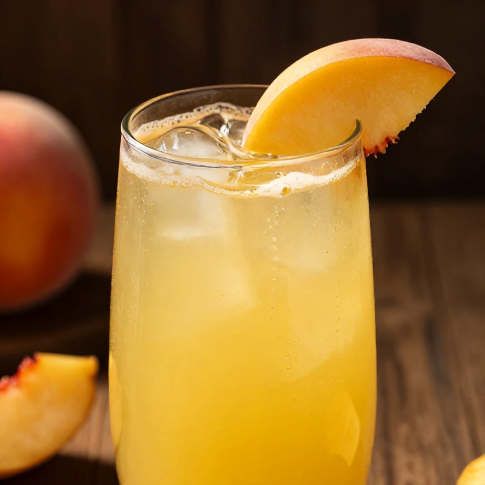 Glass of peach ginger lemonade with a slice of peach and lemon garnish