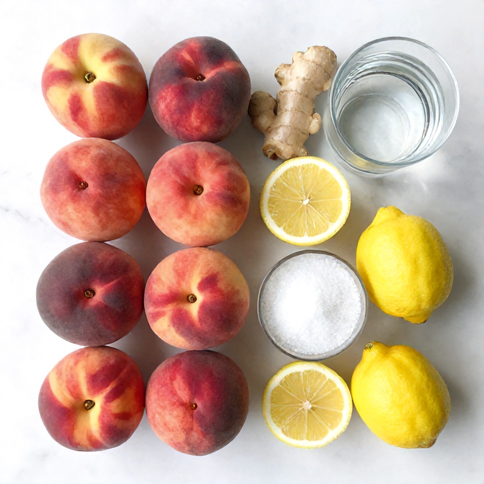 Peaches, lemons, ginger, sugar, and water arranged on a wooden surface
