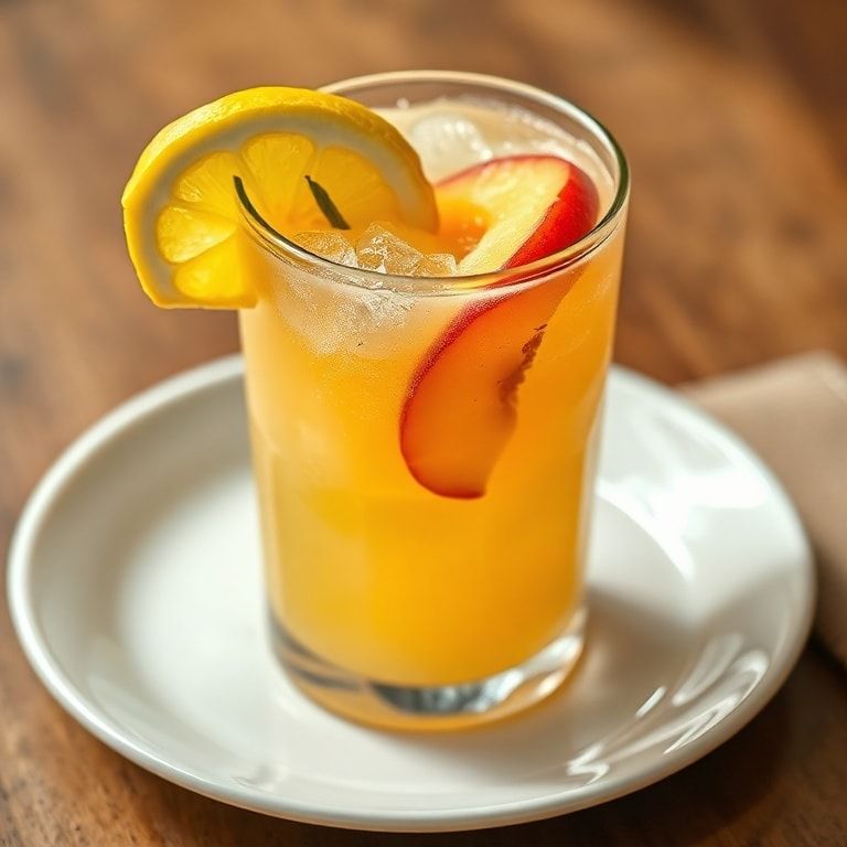 Close-up of a glass of peach lemonade garnished with lemon wedges and fresh peach slices