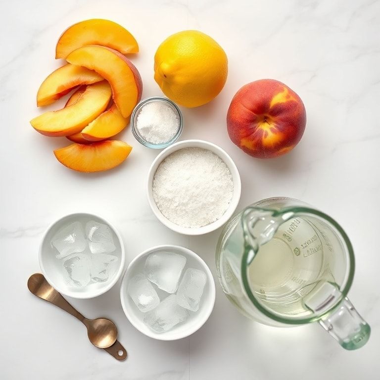 Overhead flat lay of fresh peaches, lemons, sugar, water, and ice in prep bowls on white marble surface