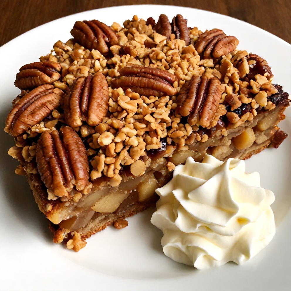 Pecan Apple Crisp Coffee Cake sliced and served on a plate