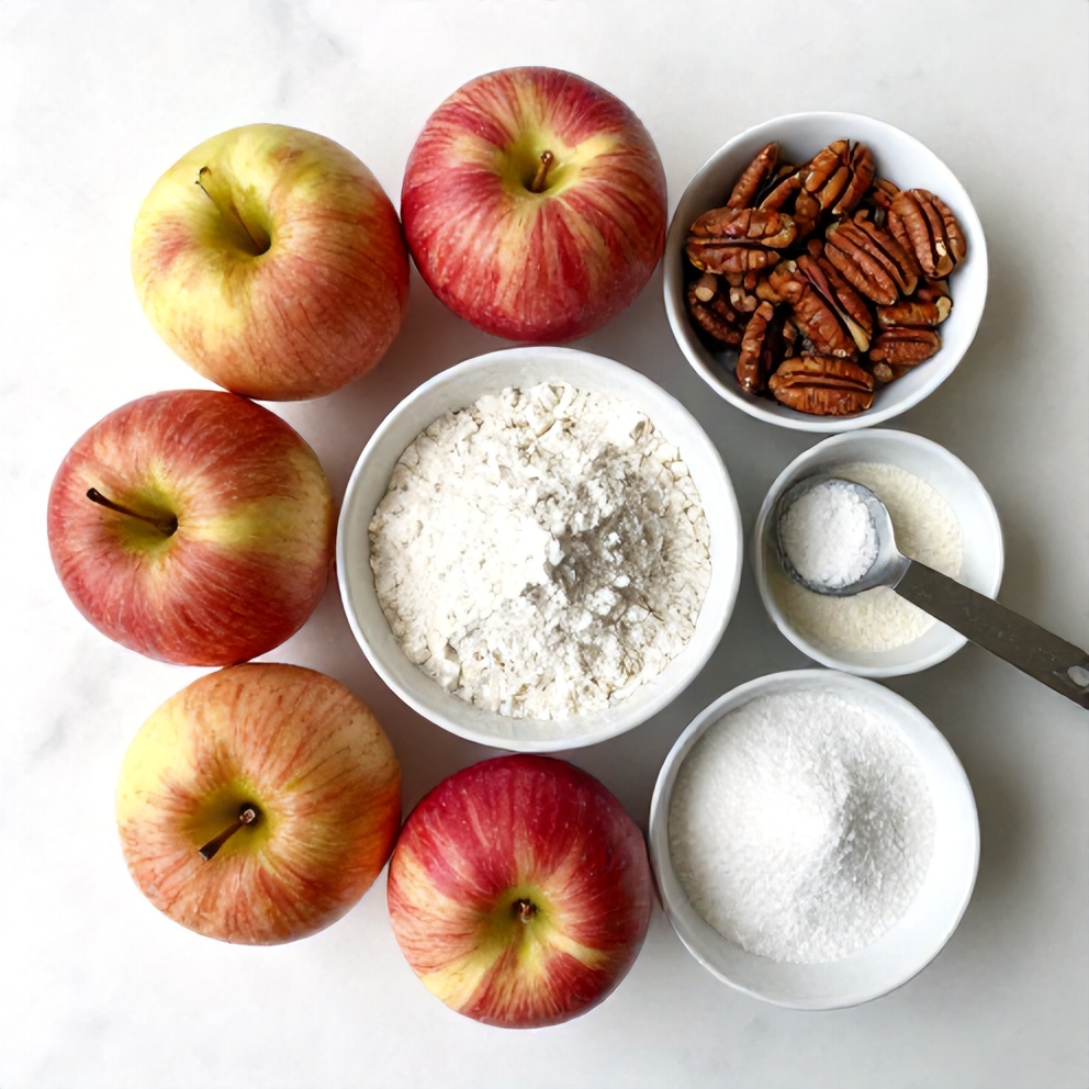 Raw ingredients for Pecan Apple Crisp Coffee Cake on a marble surface